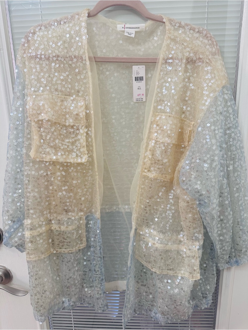 Anthropologie Sheer Sequin Open-Front Cape in Cream & Light Blue